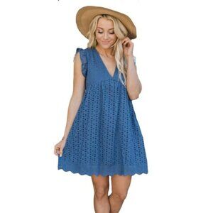 Romper Dress with Shorts V-Neck Cotton Lace Dress Flutter Sleeve Medium Blue